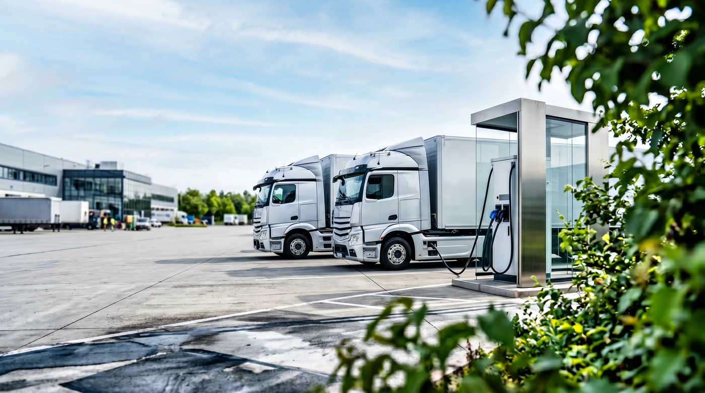 E-LKW-Flotte beim Laden an einer Ladesäule auf dem Betriebshof.