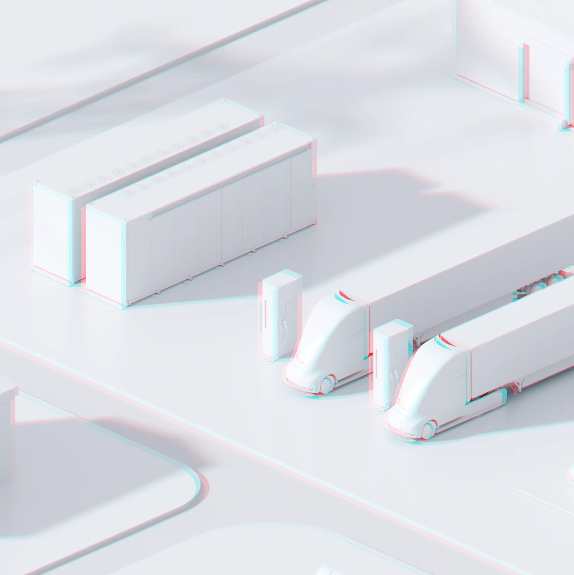 Isometrische 3D-Darstellung von Batteriespeichern und Ladeinfrastruktur.