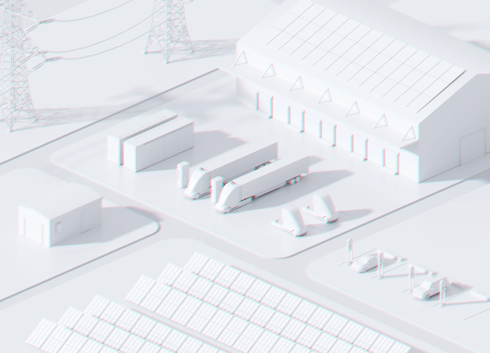 Isometrische Illustration des coneva Energie-Ökosystems: PV, Speicher, Ladeinfrastruktur und Industrie.
